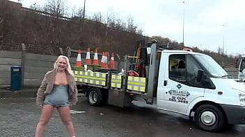 Busty blonde yes pissing in leggings in front of a church and at a fast food restaurant but loves to show her tits and ass in front of everyone - Britain on freefilmz.com