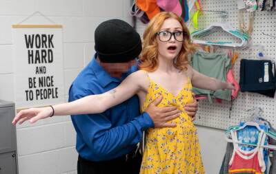 Nerdy blonde busted with stolen items so she gets fucked on freefilmz.com