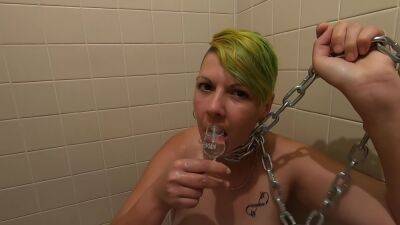 Chained Slave Girlfriend Pissed On Drinking Piss And Then Her Own From Shot Glass on freefilmz.com