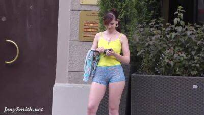 Jeny Smith walks in public with transparent shorts. Real flashing moments on freefilmz.com