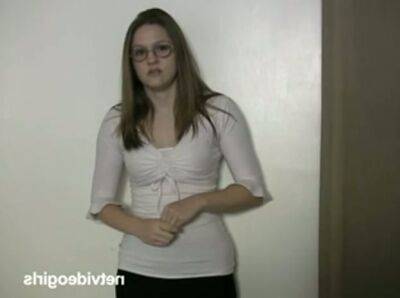 Ugly pale nerd in glasses Amy kneels down to suck a tasty cock for gooey cum on freefilmz.com