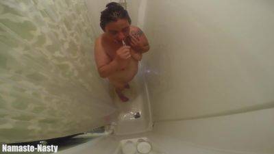 Whore Takes A Shower Spreads Legs Gags And Cleans And Shows Her Shaved Fuck Holes on freefilmz.com
