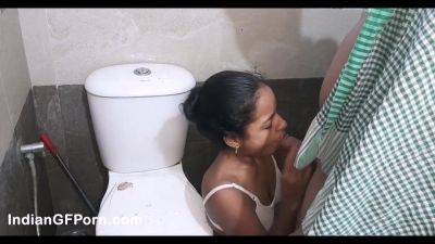 Indian girl sucking dick and bending over to take that cock in her snug little pussy in bathroom - India on freefilmz.com