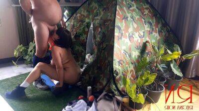 Sex in camp. A stranger fucks a nudist lady in her mouth in a camping in nature. on freefilmz.com