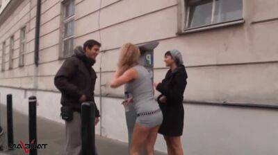 Anita and Emilia pick up slim man on the streets to take him into their bang van on freefilmz.com