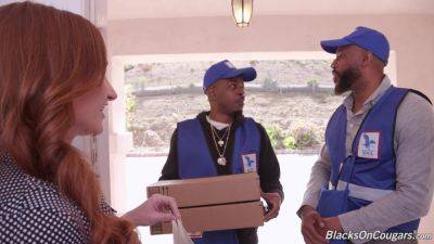 Delivery guys ram this fine redhead for mind-blowing XXX threesome on freefilmz.com