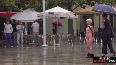 Public perverted naked slut seduced by BDSM lady outdoor on freefilmz.com