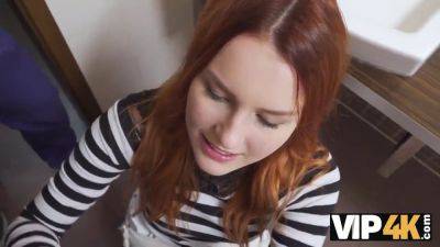 Sexy redhead gets drilled in public restroom by Hunter's hard cock on freefilmz.com