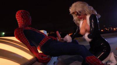 Blonde cougar dazzles with her huge tits while doing Spider Man on freefilmz.com
