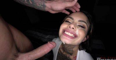 Sweet babe with sexy tattoos gets intimate with a big dick until sperm covers her face on freefilmz.com