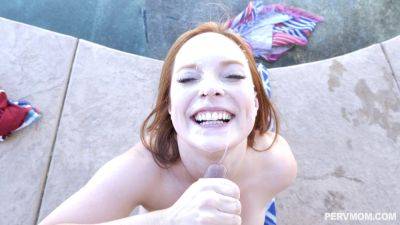Redhead with big booty lets stepson finish on her face on freefilmz.com