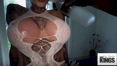 Inked Blonde with Huge Breasts Gets Oiled Up and Fucked on freefilmz.com